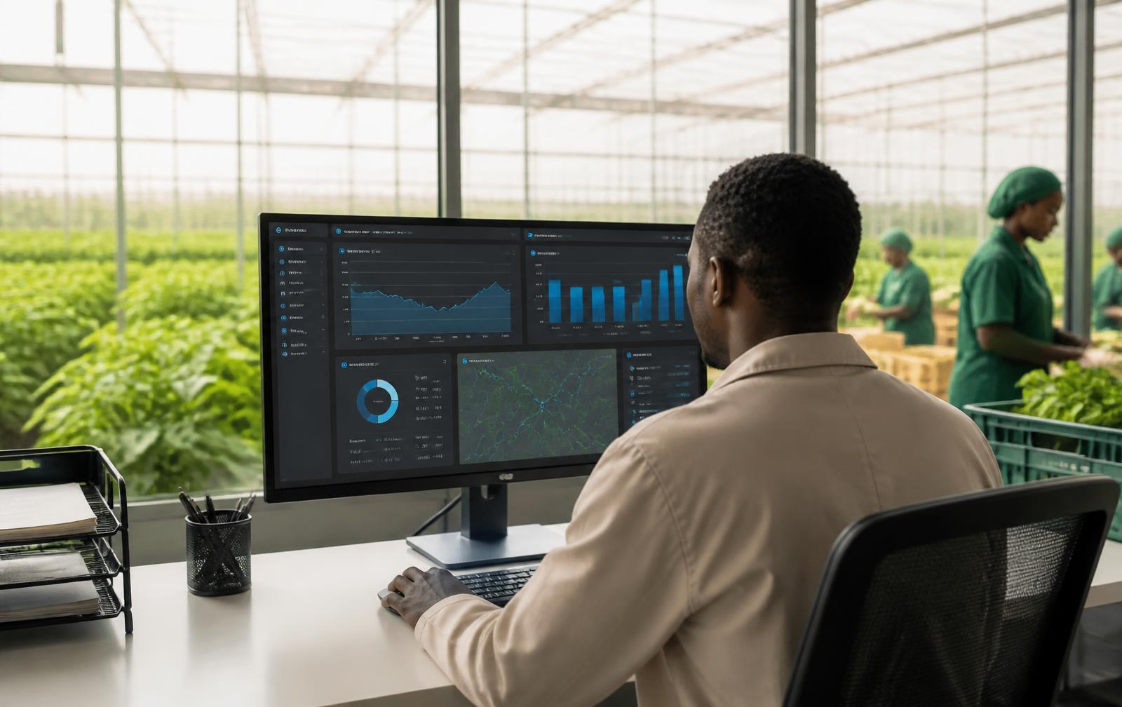Agrifood analyst reviewing a live operations dashboard inside a greenhouse